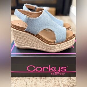 Corkys Light Blue Denim Wedge Sandals